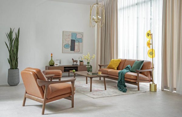 Sofa 3 Bridge 2m1 Gỗ Sồi Da Bò Cognac